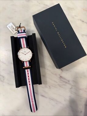 Daniel Wellington Rose Gold Watch with Navy, White & Pink Stripe NATO Strap